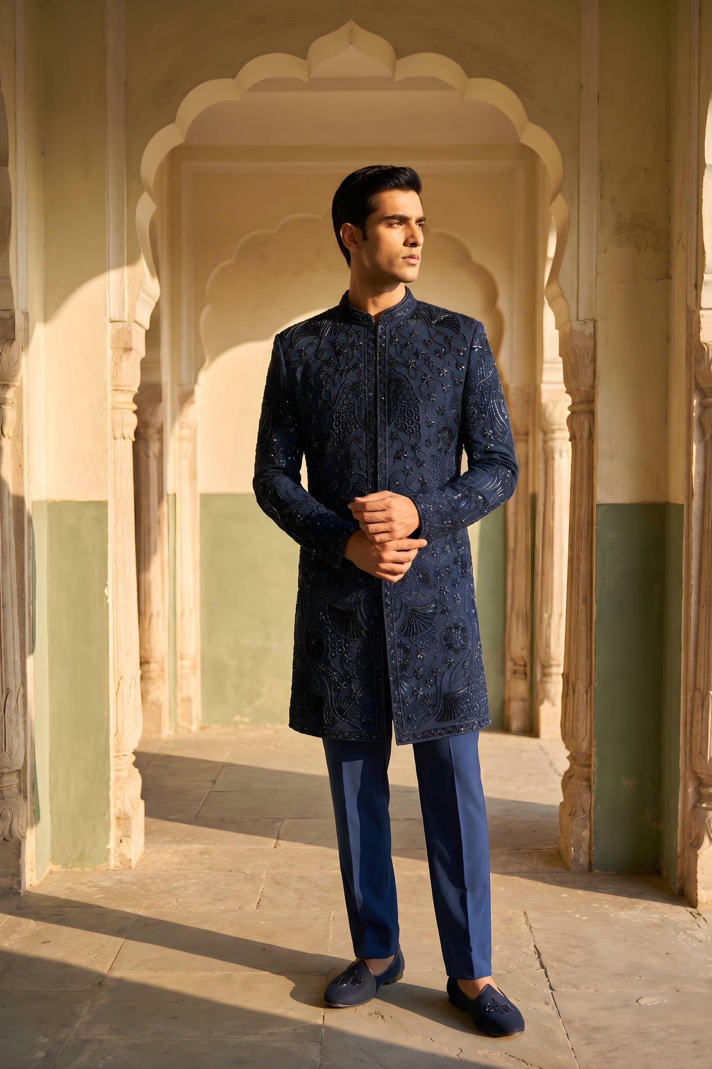 Impressive Navy Blue Embroidered Designer Kurta Pyjama with Jacket for Men