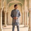 Glorious Grey Embroidered Designer Kurta Pyjama with Jacket for Men