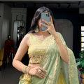 Elegant Mustard Yellow Embroidered Silk Lehenga Choli with Mint Green Dupatta for Women