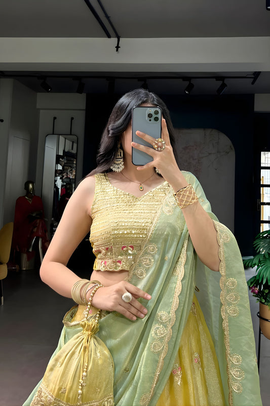 Elegant Mustard Yellow Embroidered Silk Lehenga Choli with Mint Green Dupatta for Women