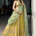 Elegant Mustard Yellow Embroidered Silk Lehenga Choli with Mint Green Dupatta for Women