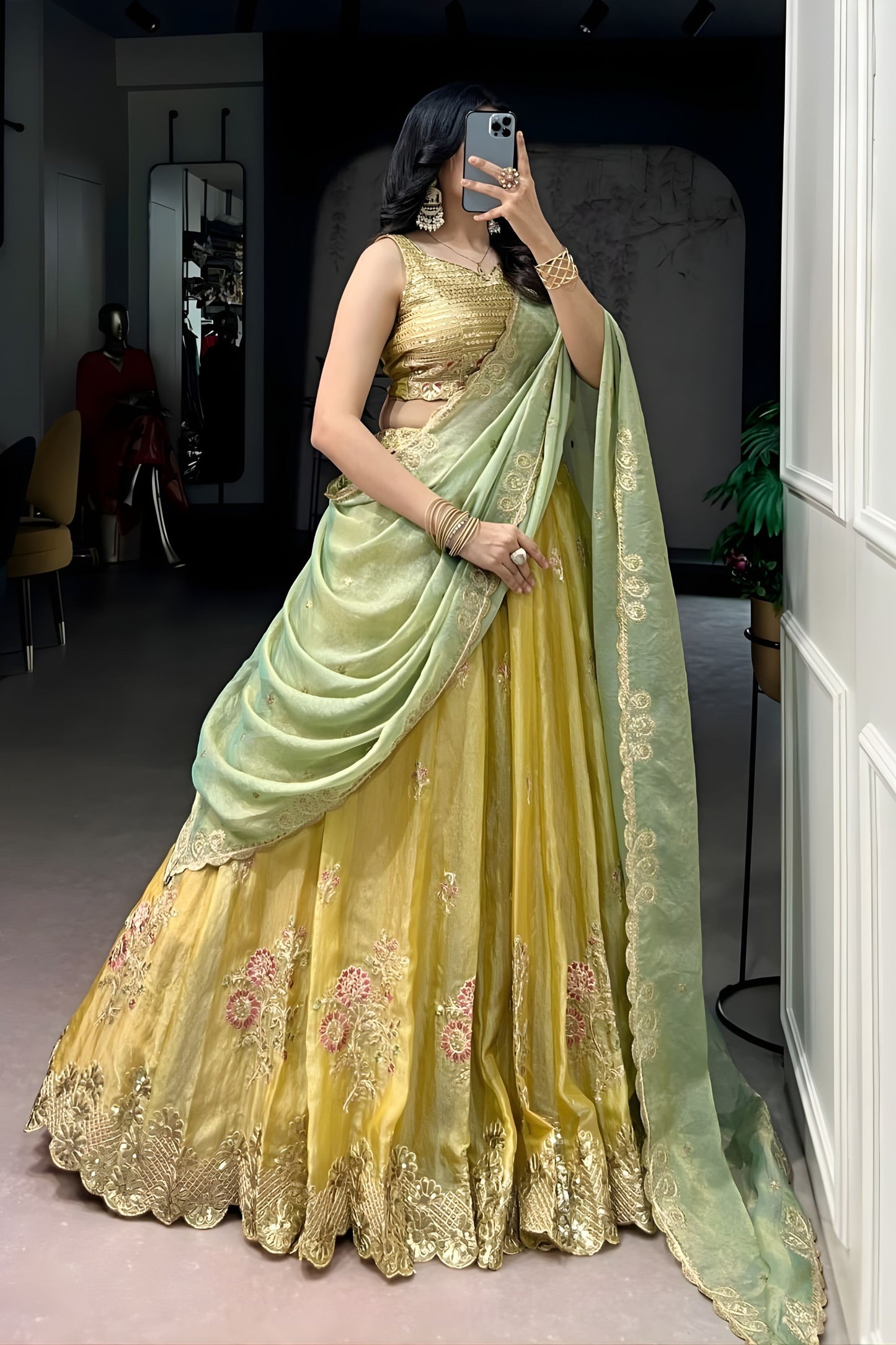 Elegant Mustard Yellow Embroidered Silk Lehenga Choli with Mint Green Dupatta for Women