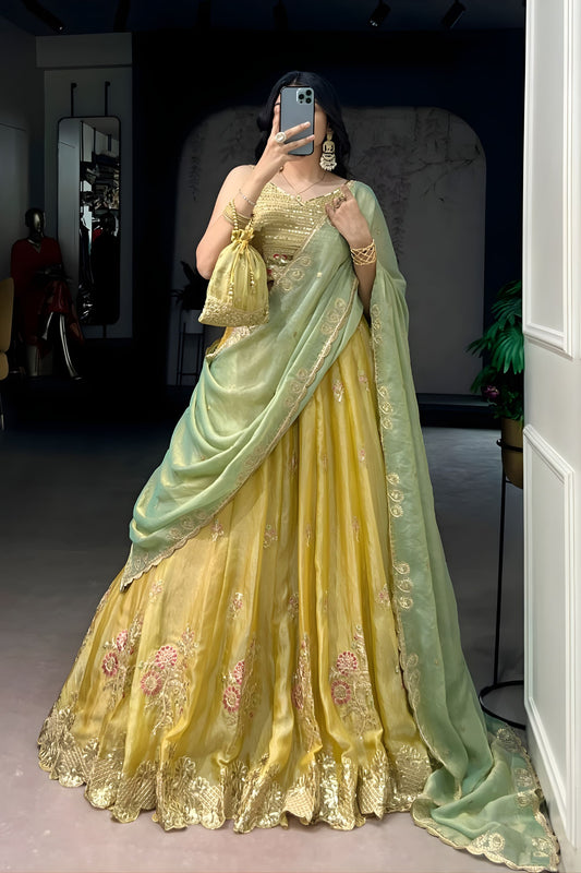 Elegant Mustard Yellow Embroidered Silk Lehenga Choli with Mint Green Dupatta for Women