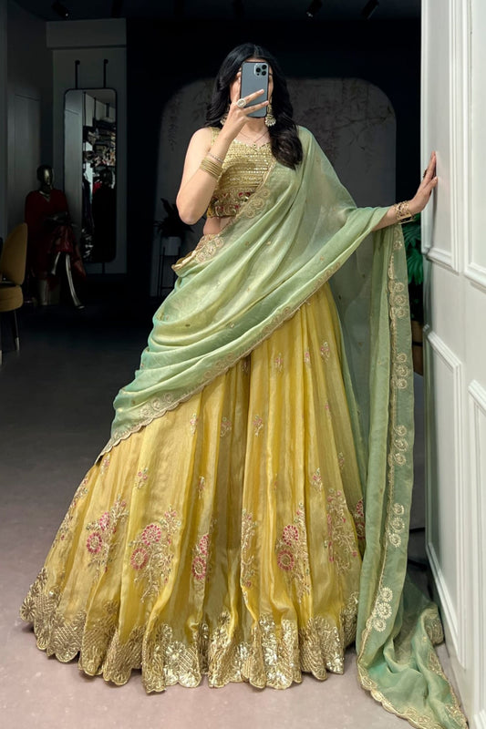 Elegant Mustard Yellow Embroidered Silk Lehenga Choli with Mint Green Dupatta for Women
