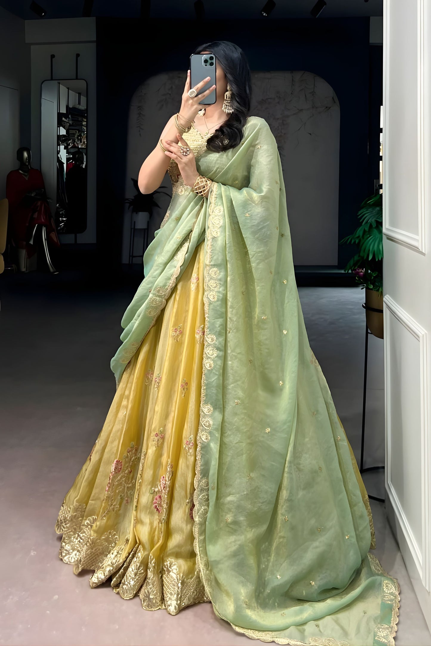 Elegant Mustard Yellow Embroidered Silk Lehenga Choli with Mint Green Dupatta for Women