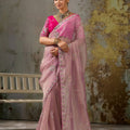 Elegant Dusty Pink Tissue Saree Thread Embroidery Butta Work for Women