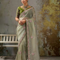 Graceful Sage Green Tissue Saree Thread Embroidery Butta Work for Women