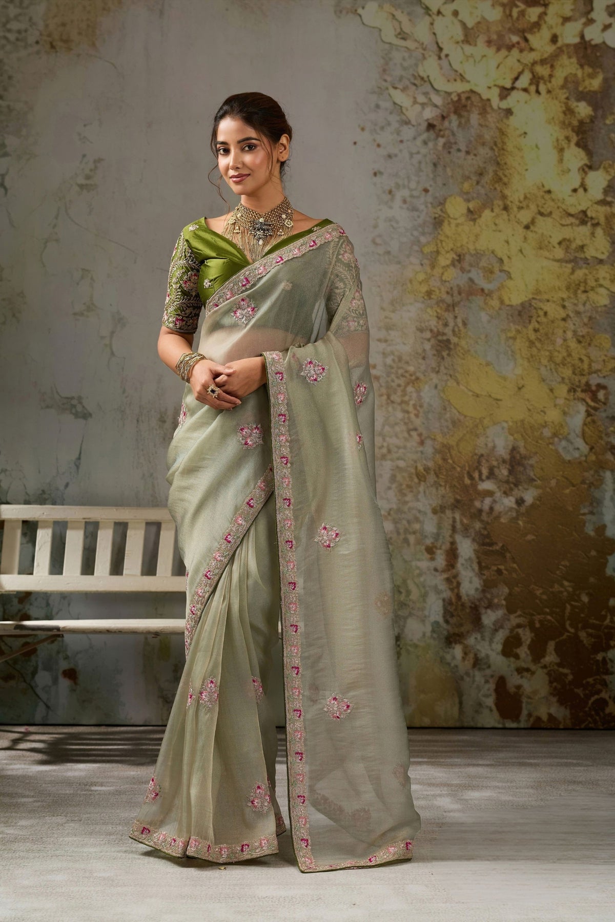 Graceful Sage Green Tissue Saree Thread Embroidery Butta Work for Women