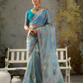 Royal Sky Blue Tissue Saree Thread Embroidery Butta Work for Women