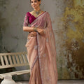 Premium Peach Tissue Saree Thread Embroidery Butta Work for Women