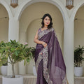 Deep Purple Georgette Saree Heavy Embroidered Border Designer Blouse