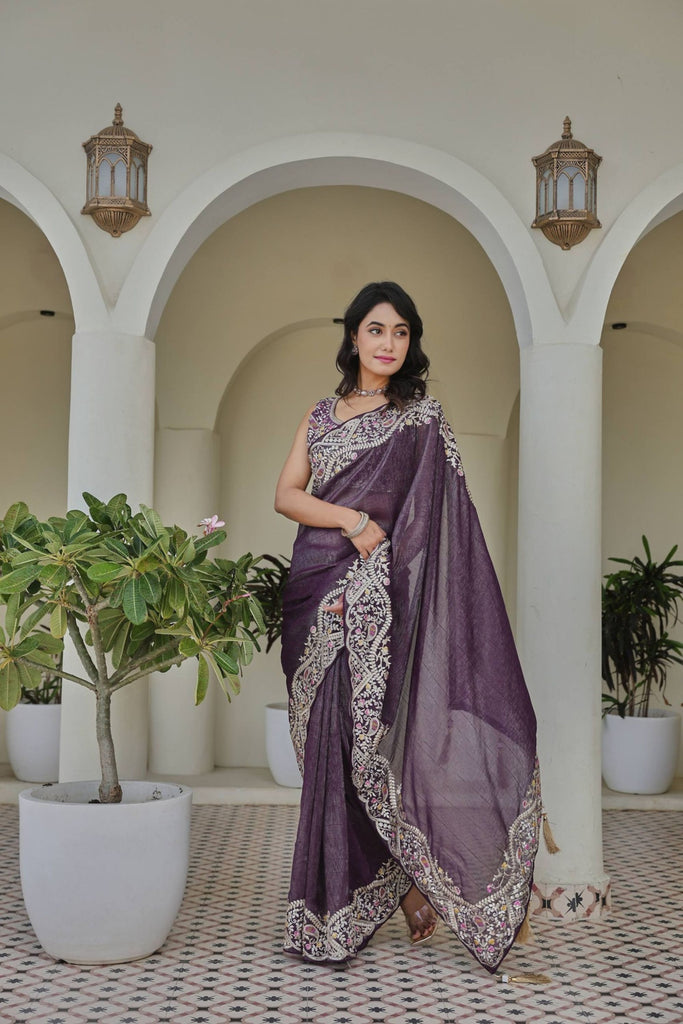 Deep Purple Georgette Saree Heavy Embroidered Border Designer Blouse