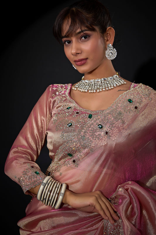 Dusty Pink Shimmer Silk Saree with Heavy Stone Zari Embroidered Border