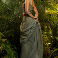 Sage Grey Crushed Tissue Saree Designer Floral Printed Blouse