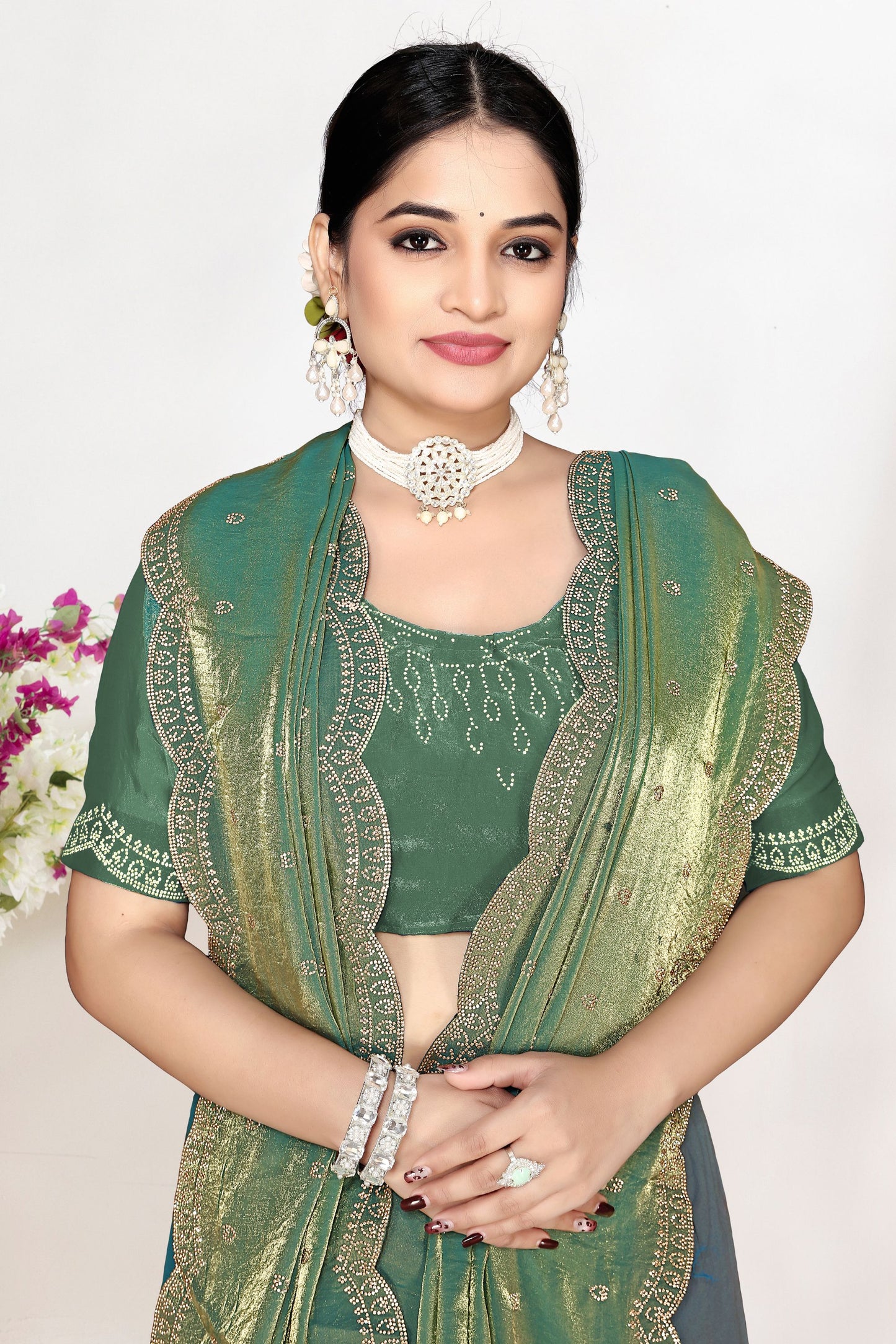 Sea Green Dual Tone Silk Saree Zari Embroidered Border Buti Work