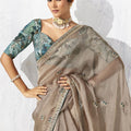 Elegant Beige Saree Designer Green Blouse Party Wear