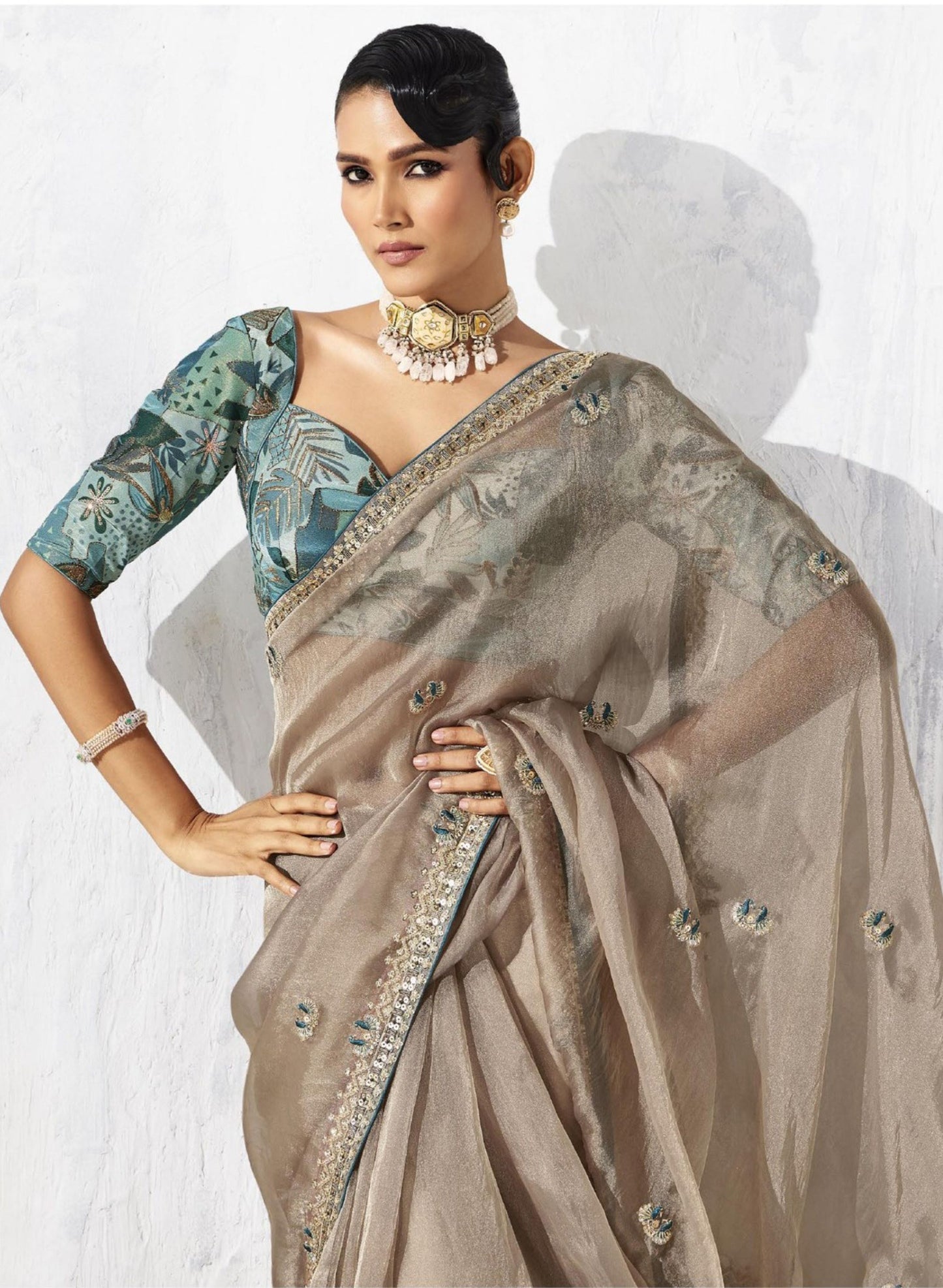 Elegant Beige Saree Designer Green Blouse Party Wear