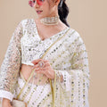 White Net Saree Gold Sequins Embroidery Designer Blouse