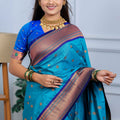 Teal Blue Kanjivaram Silk Saree with Gold Zari Border Butti Work