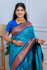 Teal Blue Kanjivaram Silk Saree with Gold Zari Border Butti Work