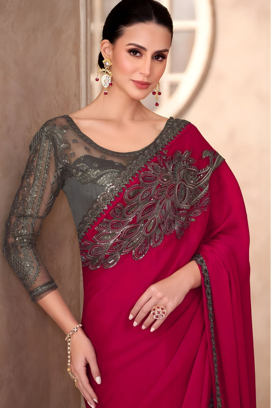 Rani Pink Designer Silk Saree Heavy Embroidered Blouse Lace Border
