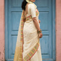Cream Silk Saree with Multicolor Zari Border Buti Design