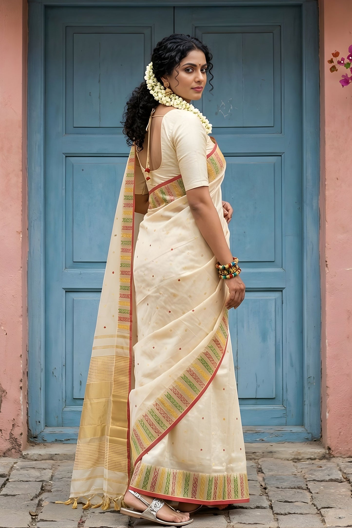Cream Silk Saree with Multicolor Zari Border Buti Design