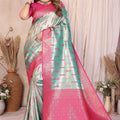  Sea Green Pink Banarasi Silk Saree with Zari Weaving and Contrast Blouse 