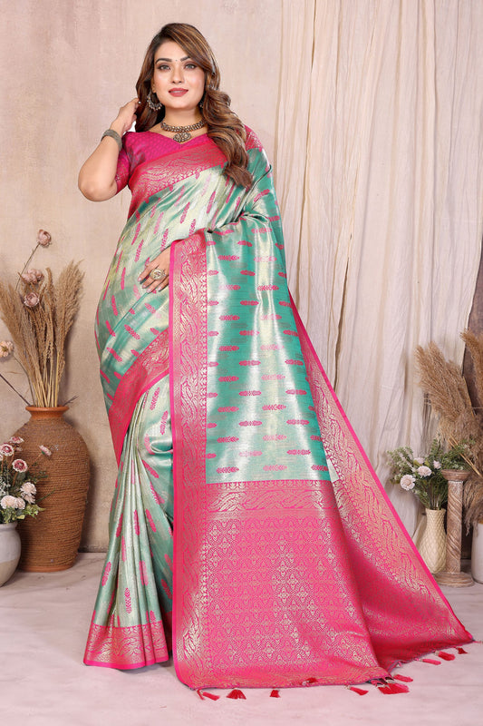  Sea Green Pink Banarasi Silk Saree with Zari Weaving and Contrast Blouse 
