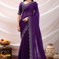 Designer Purple Georgette Saree Heavy Embroidered Border Blouse 