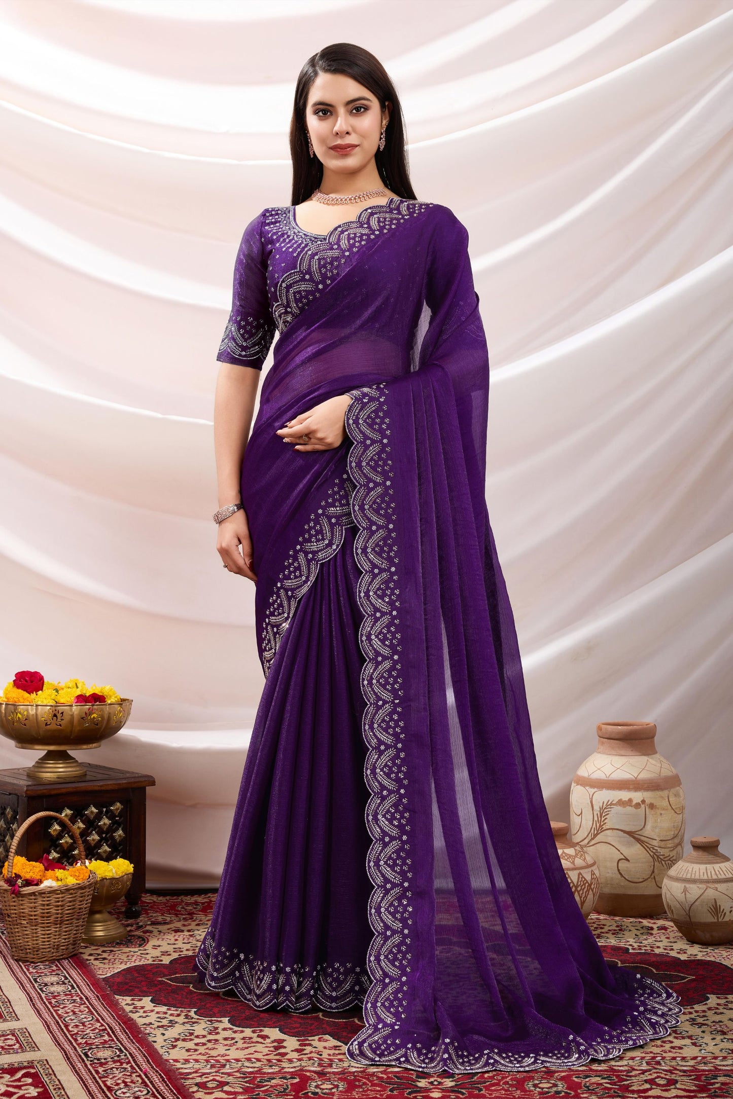 Designer Purple Georgette Saree Heavy Embroidered Border Blouse 