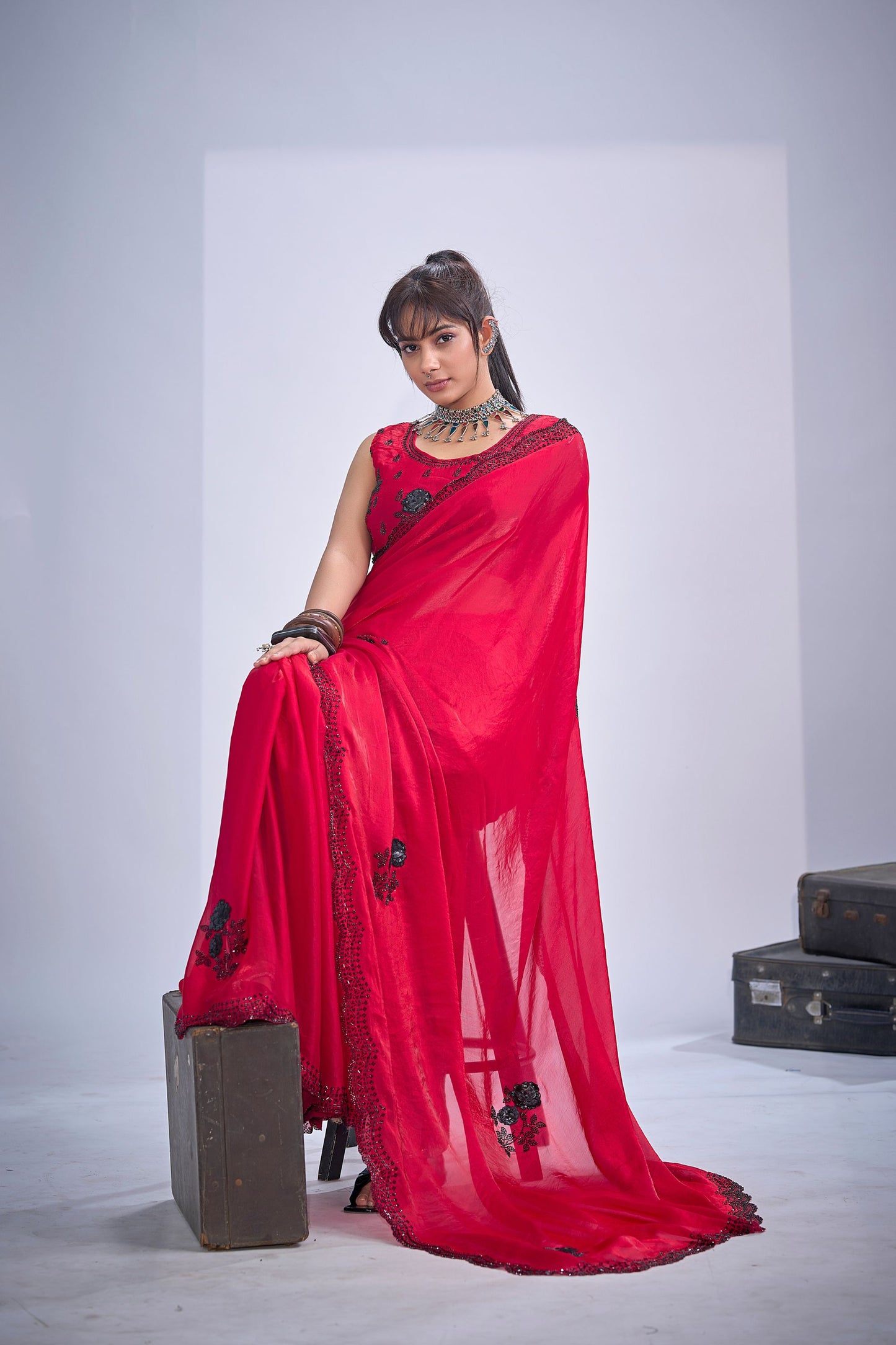 Rani Pink Organza Silk Saree Black Floral Embroidery Designer Blouse
