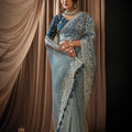 Sky Blue Designer Saree Heavy Embroidered Border Navy Blue Blouse
