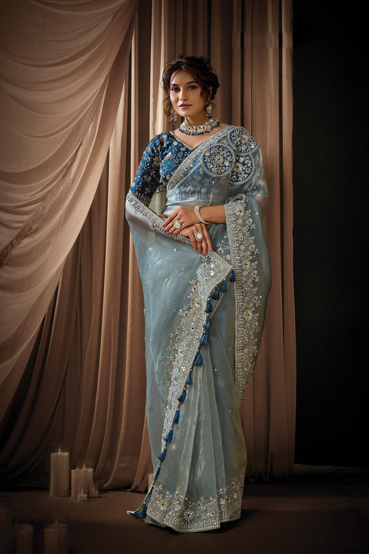 Sky Blue Designer Saree Heavy Embroidered Border Navy Blue Blouse