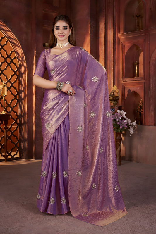 Purple Silk Saree with Zari Embroidery Butti Work Designer Blouse