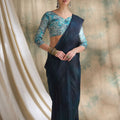 Navy Blue Striped Organza Saree with Designer Teal Printed Blouse