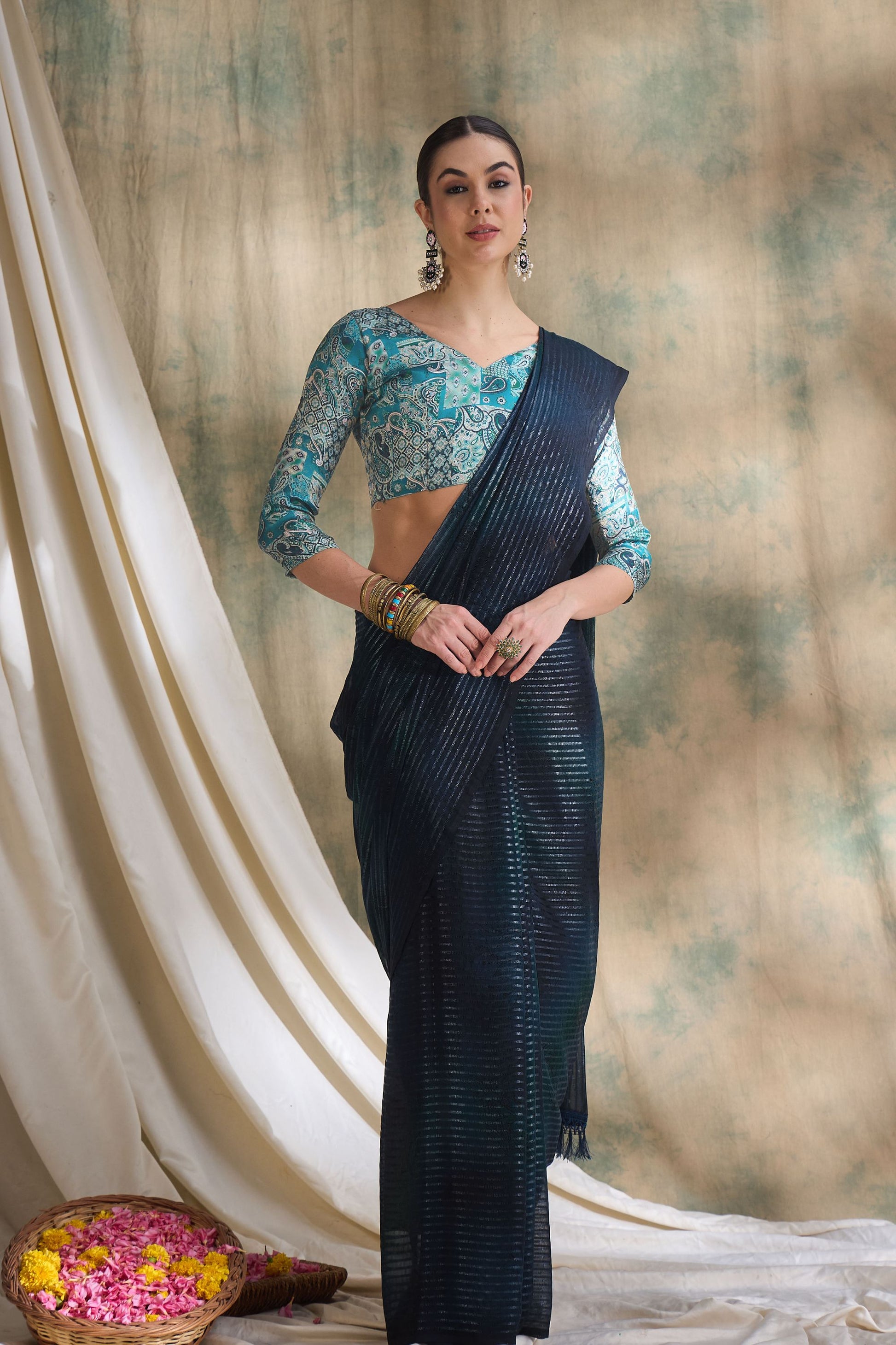 Navy Blue Striped Organza Saree with Designer Teal Printed Blouse