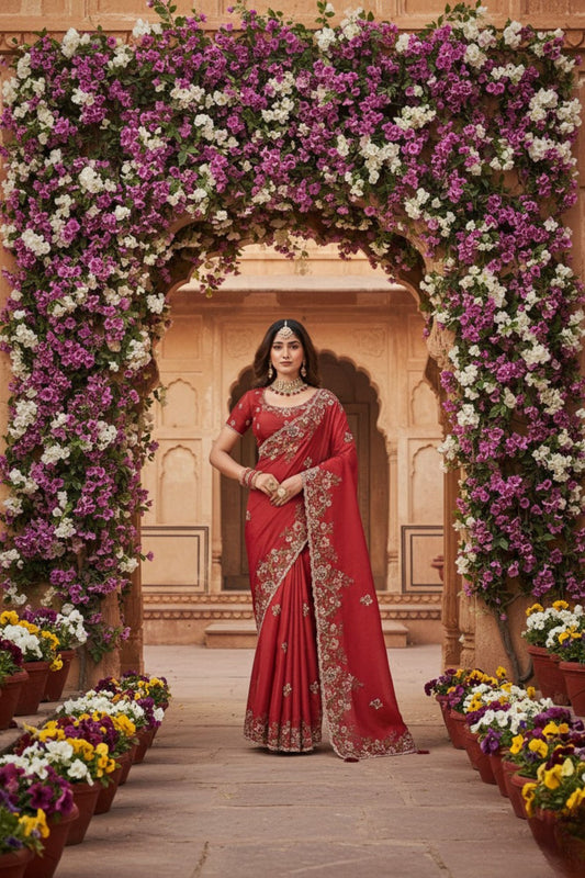 Red Embroidered Designer Saree Wedding Wear