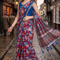 Multicolor Geometric Printed Cotton Saree with Blue Border Tassel Pallu 