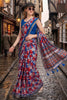 Multicolor Geometric Printed Cotton Saree with Blue Border Tassel Pallu 