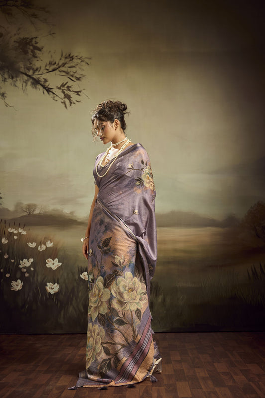 Lavender Linen Silk Saree with Floral Digital Print Designer Tassel Pallu