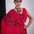 Red Organza Saree with Black Floral Embroidery Designer Saree