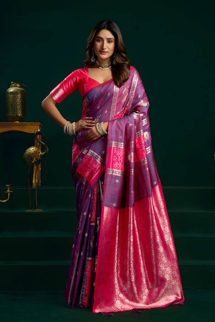Magenta Pink Purple Soft Silk Saree with Rich Zari Woven Border