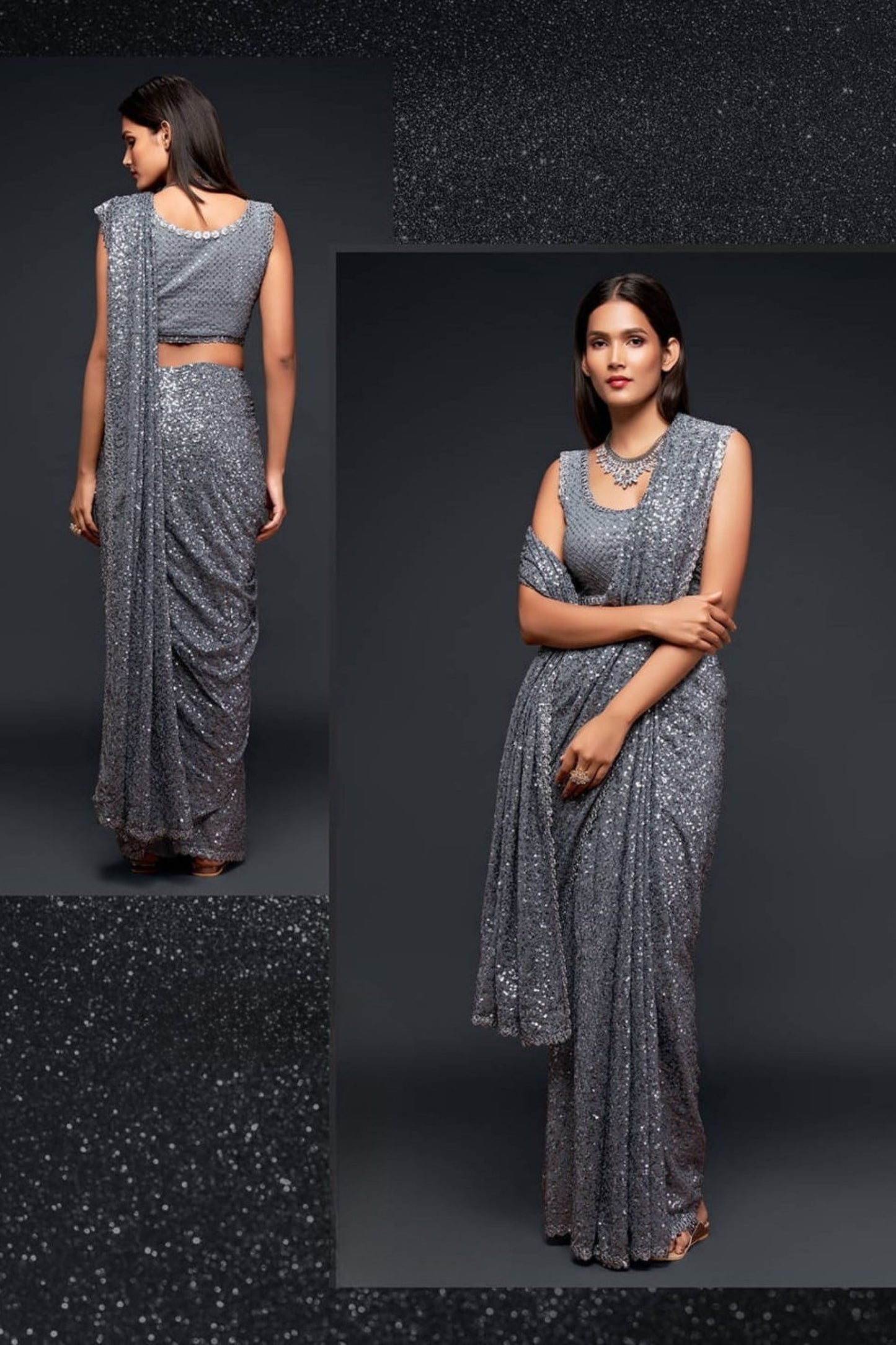 Premium Grey Sequin Party Wear Saree with Designer Blouse