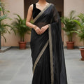  Black Organza Saree Designer Embroidered Border Sleeveless Blouse