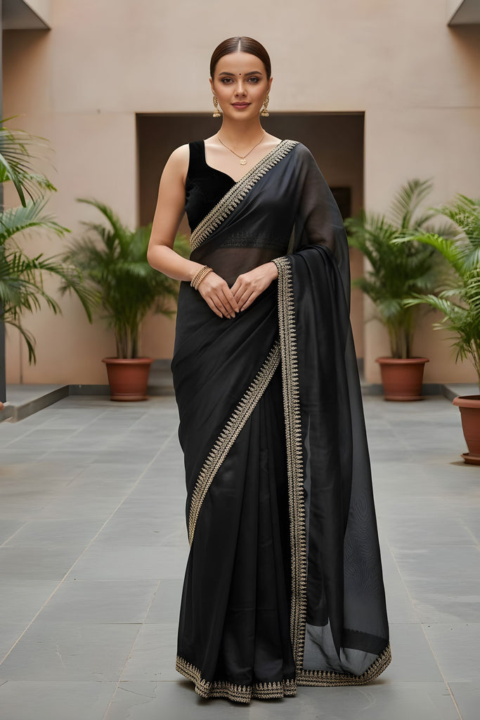  Black Organza Saree Designer Embroidered Border Sleeveless Blouse