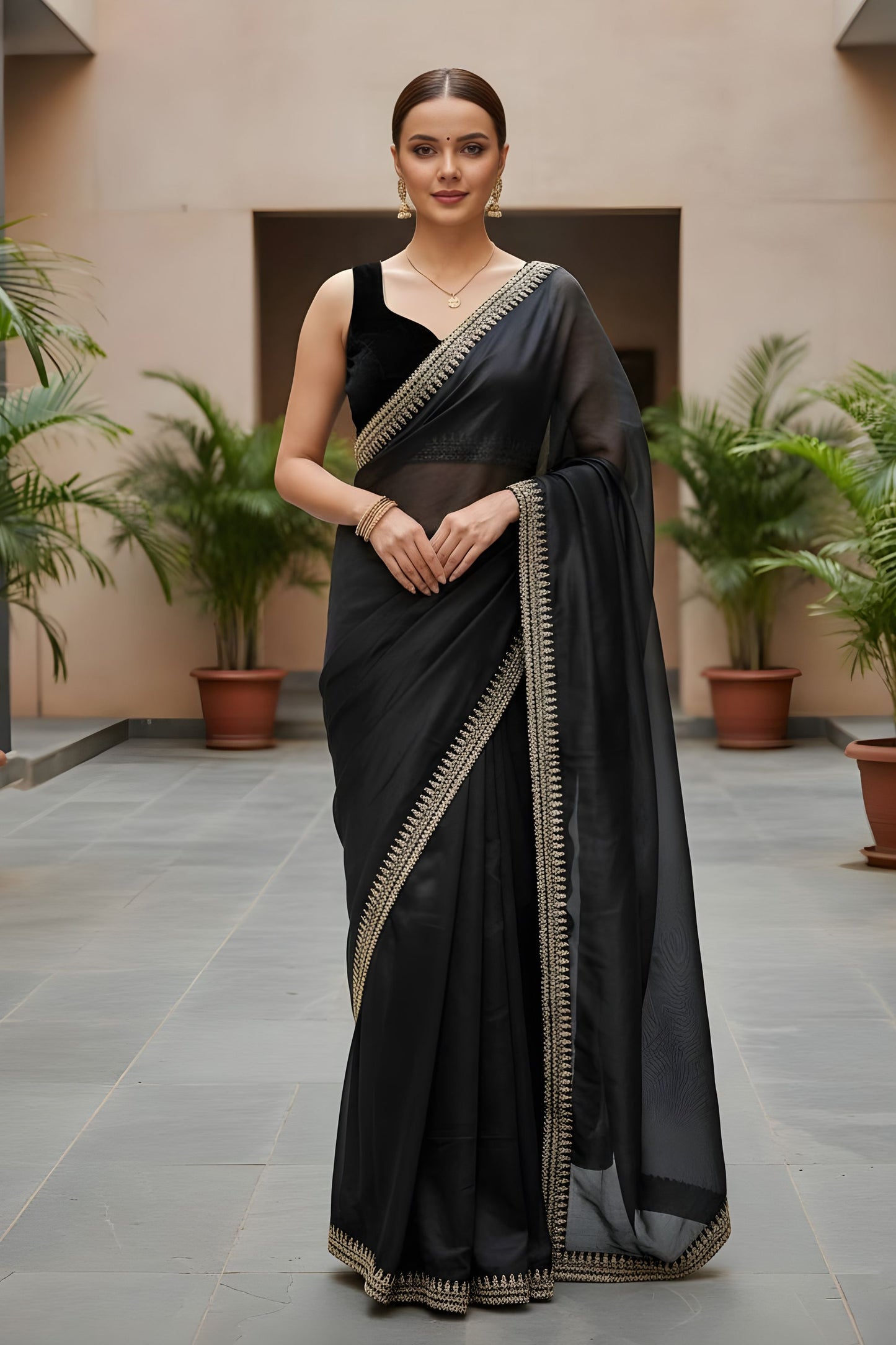  Black Organza Saree Designer Embroidered Border Sleeveless Blouse