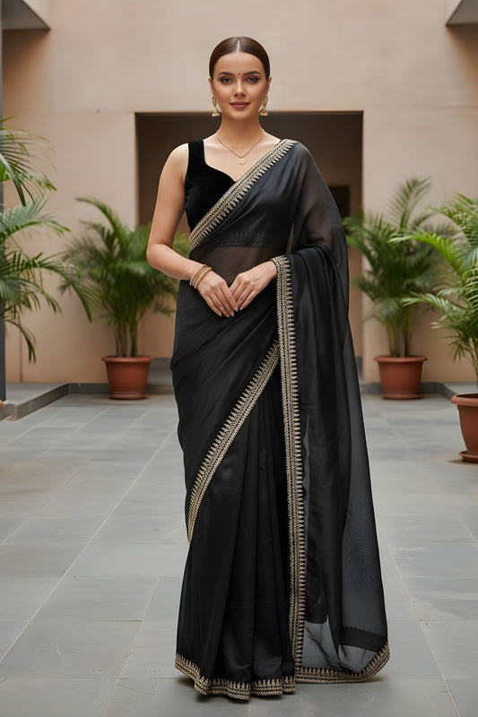  Black Organza Saree Designer Embroidered Border Sleeveless Blouse