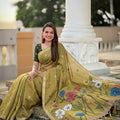 Olive Green Linen Silk Saree with Multicolor Floral Print Woven Border