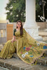 Olive Green Linen Silk Saree with Multicolor Floral Print Woven Border